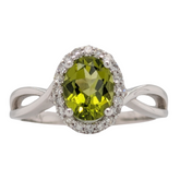 14K White Gold Oval Diamond Halo Peridot Gemstone Ring